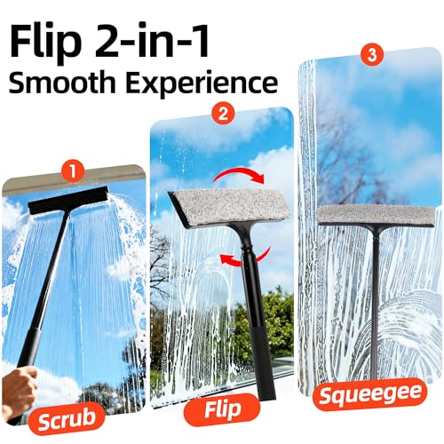 Window Squeegee with Flip-Head, Shower Squeegee 16-59" Long Handle Telescopic Pole & 30% Thicker Blade, Shower Squeegee for Glass Doors, Shower, Car, Windows, Bathroom