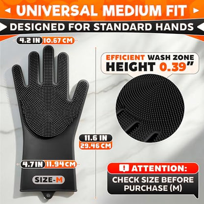 ALPENKOK Silicone Dishwashing Gloves with Scrubber – Non-Slip Silicone Gloves for Washing Dishes | Household Use - color: Black