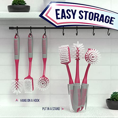 Dish Brush Set of 4 - Kitchen Scrub Brushes with Non-Slip Long Handle for Cleaning, Scrubber, Dishwashing, Dishes, Bottles, Straws, Cups, Pots & Sink, Red - color: Red, Set of 4