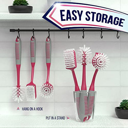 Dish Brush Set of 4 - Kitchen Scrub Brushes with Non-Slip Long Handle for Cleaning, Scrubber, Dishwashing, Dishes, Bottles, Straws, Cups, Pots & Sink, Red - color: Red, Set of 4