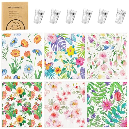 Needbrock 6 Pack Spring Floral Swedish Dishcloths for Kitchen, Swedish Rag Absorbent Dish Towel with Adhesive Clips, Reusable Paper Towels No Odor for Countertop Dishes Cleaning Kitchen - color: Bright Flower Patterns