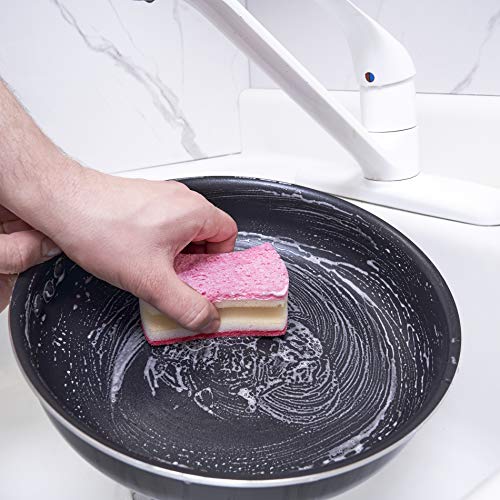 Non-Scratch Scrub Sponge with A Comfortable Grip, Heavy Duty Duel Sided Kitchen Scrubber Sponge Cellulose Scrub Sponge, Scratch Free, with Scouring Pad Set, Pack of 2, Blue-Red/Pink, by Superio - color: Red-blue