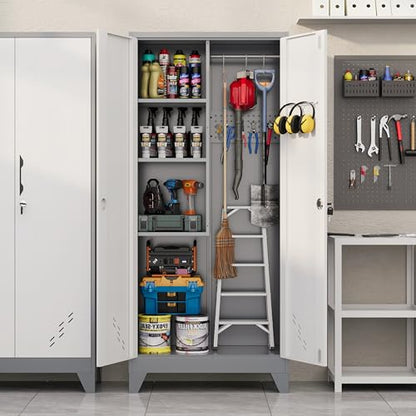 Broom Closet Storage Cabinet, Metal Garage Storage Cabinet with 2 Doors & Pegboard, 61" Utility Cabinet with Hanging Rod, Tool Cabinet for Garage, Laundry Room, Home Office, White-Gray - size: 61" Garage Cabinets