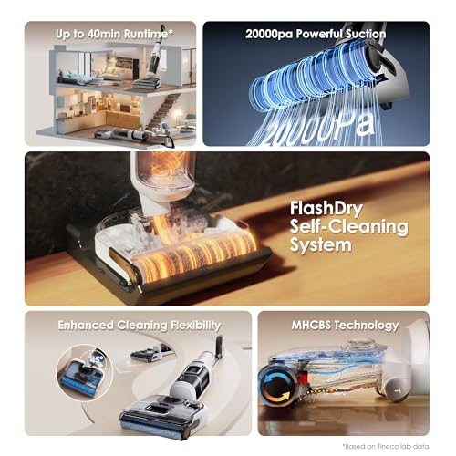 Tineco Floor ONE Stretch S6 Cordless Wet Dry Vacuum Cleaner, 180°Lay-Flat Smart Vacuum Mop, 40 Minutes Long Runtime 158℉ Flashdry Self-Cleaning, Dual-Sided Edge Cleaning Lightweight Floor Cleaner - style: Floor ONE Stretch S6