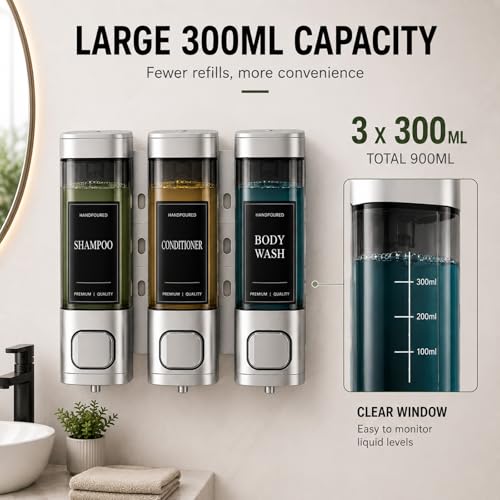 Shampoo and Conditioner Dispenser, Shower Soap Dispenser Wall Mounted, Shower Dispenser 3 Chamber No Drill for Bathroom Large Capacity (Silver) - color: Sliver