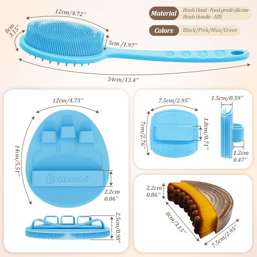 Silicone Back/Body/Face Scrubber & Lymphatic Contour Face Brush Set 4PCS, 13.4'' Soft Back Scrubber, 360° Anti-Slip Bath Glove, Unique Side-bristled Face Scrubber for All-Round Cleaning(Blue) - color: Blue*4