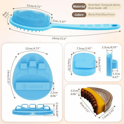 Silicone Back/Body/Face Scrubber & Lymphatic Contour Face Brush Set 4PCS, 13.4'' Soft Back Scrubber, 360° Anti-Slip Bath Glove, Unique Side-bristled Face Scrubber for All-Round Cleaning(Blue) - color: Blue*4