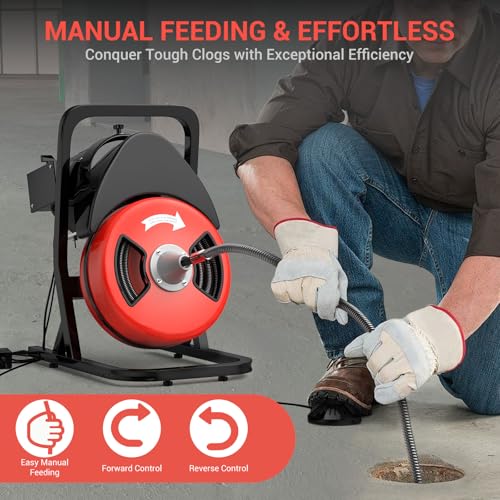 GarveeTech 50FTx1/2 Inch Drain Cleaner Machine with Wheels, Sewer Snake Electric Drain for 2" to 4" Pipes, Plumbing Snake Auger Cleaner with 6 Cutter & Foot Switch for Sewer, Sink, Toilet, Bathroom