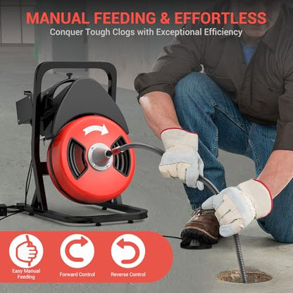GarveeTech 50FTx1/2 Inch Drain Cleaner Machine with Wheels, Sewer Snake Electric Drain for 2" to 4" Pipes, Plumbing Snake Auger Cleaner with 6 Cutter & Foot Switch for Sewer, Sink, Toilet, Bathroom