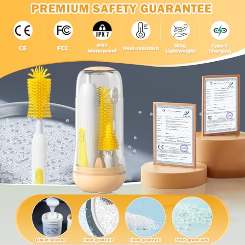 IvyWind Electric Travel Baby Bottle Brush Set with Storage Box, Automatic Bottle Cleaner Brush Kit with Silicone Bottle/Nipple/Straw Brush,Milk Frother Electric and Drainage Rack, Rechargeable, Yellow - color: Yellow