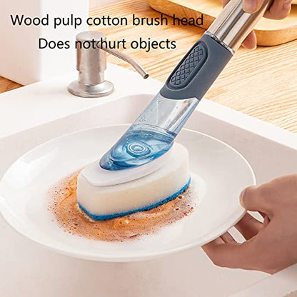 Soap Dispensing Dish Brush with 4 Replacement Heads 4 in 1 Long Handle Cleaner