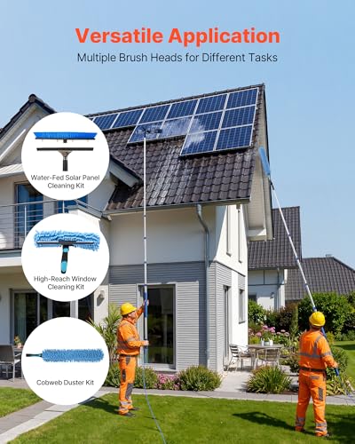 VEVOR Solar Panel Cleaning Kit, 15 ft, Water Fed Pole Kit with Cleaning Brush, Squeegee, Soap Dispenser, Extendable Aluminum Telescopic Pole, 180° Rotatable Brush Head, for Roof Mounted Solar Panels - size: 15 Ft