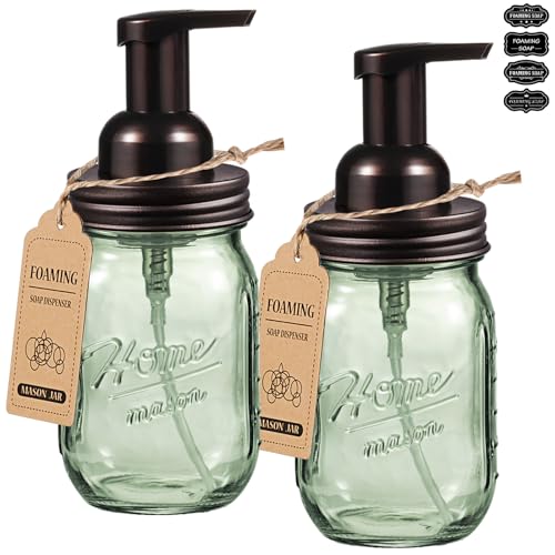 SheeChung Mason Jar Foaming Soap Dispenser, Stainless Steel Lid, Green Glass Foam Hand Soap Dispenser, 16 Oz Refillable Liquid Foam Dispenser Bottle for Bathroom Kitchen, Dish Soap-Bronze, 2 Pack - color: Regular Mouth, Bronze-2 Pack