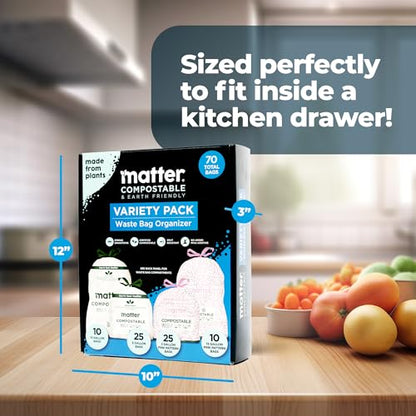 Matter Compostable Variety Pack 3 Gallon and 13 Gallon Kitchen Trash Bags with Drawstring, Unscented, Durable, Leak-Resistant, Eco-Friendly, 70 Count - style: 13 Gallon and 3 Gallon Variety Pack
