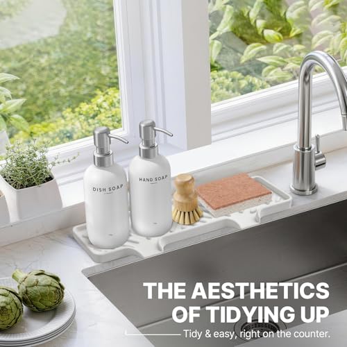 Kitchen Soap Dispenser Set - Dish Soap Dispenser for Kitchen with Self Drain Tray, 17oz Glass Bottle, Stainless Steel Pump, Sponge, and Dish Brush - Silver - color: White Bottle + Silver Pump