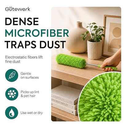 Gütewerk Extendable Microfiber Duster, 55 Inch - Feather Dusters for Cleaning Ceiling Fans, Blinds, Baseboards & High Ceilings - Washable, Electrostatic, 360° Bendable Head, Stainless Steel Pole - color: Green, size: up to 55 inch