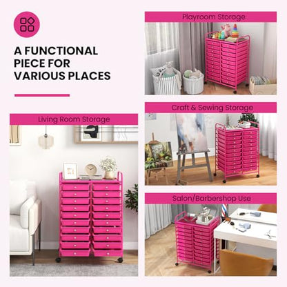DREAMADE Rolling Cart with Storage Drawers, Utility Cart w/Removable Plastic Drawers, Lockable Wheels, Art Cart for Classroom Organization Art Supplies Office Scrapbook (20 Drawers, Hot Pink) - color: Hot Pink, style: 20 Drawers