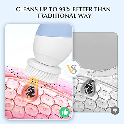 COSLUS Facial Cleansing Brush Silicone Face Scrubber: 2 in1 FBS-D Electric Exfoliating Massage Device Waterproof Deep Cleaning Exfoliation Rotating Spa Machine - Electronic Skin Care Wash Clean System - color: Blue, size: With 2 brush heads