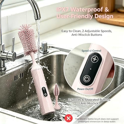 Rechargeable Electric Bottle Brush with 2 Speeds Powerful Automatic Bottle Cleaner,BPA-Free Silicone Spinning Design, Wall Mount & Straw Cleaner,Suitable for Baby Bottles & Kitchen (Pink+Pink) - color: Pink+pink