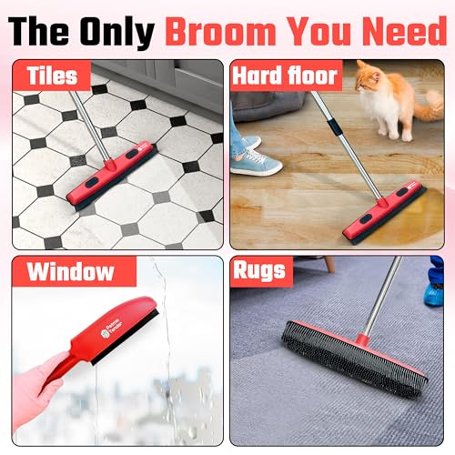 Hybrid Dog Pet Hair Removal Broom with Squeegee – Adjustable Handle Rubber Broom for Pet, Hardwood Floors, Tile, & Liquid-Dirt with 2 Portable Hair Brushes & Cloth
