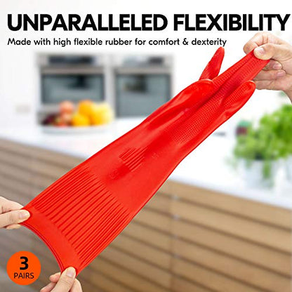 Vgo... 3-Pairs Dishwashing Gloves, Reusable Household Gloves, Long Sleeve, Thick Latex, Cleaning, Washing, Working, Painting, Gardening, Pet Care (Size L, Red, RB2143) - size: Large
