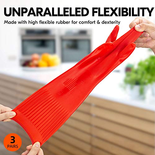 Vgo... 3-Pairs Dishwashing Gloves, Reusable Household Gloves, Long Sleeve, Thick Latex, Cleaning, Washing, Working, Painting, Gardening, Pet Care (Size S, Red, RB2143) - size: Small