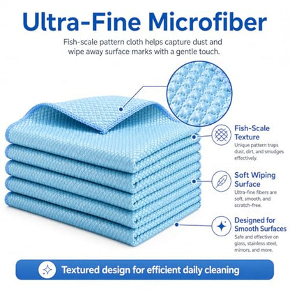Microfiber Cleaning Cloths for Glass, Ultra-Fine, Highly Absorbent, Streak-Free, Fish-Scale Pattern, Extra-Thick, Blue, 5-Pack
