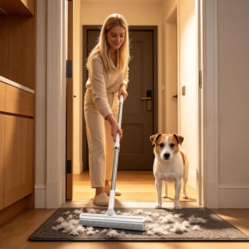 Carpet Rake for Pet Hair Removal | 2026 Model 2-in-1 Silicone Double-Sided Pole Extendable Pet Hair Remover, Floor Squeegee Broom for Marble Tiles Cement Glass Window Bathroom Decks Home