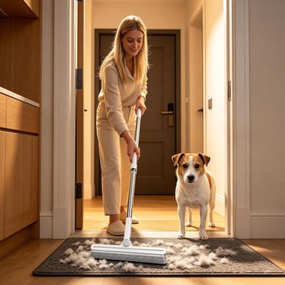 Carpet Rake for Pet Hair Removal | 2026 Model 2-in-1 Silicone Double-Sided Pole Extendable Pet Hair Remover, Floor Squeegee Broom for Marble Tiles Cement Glass Window Bathroom Decks Home