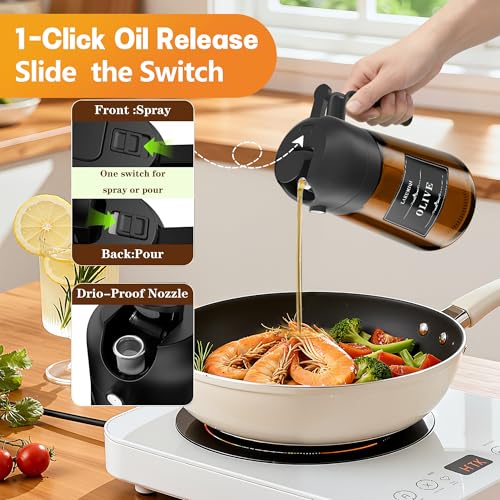 OURCABECUE 2 in 1 Olive Oil Sprayer for Cooking, 16oz/470ml Light-Blocking Dark Olive Oil Dispenser Bottle for Kitchen, Food-Grade Glass Oil Mister with 8 Oil Stickers - color: Dark Brown