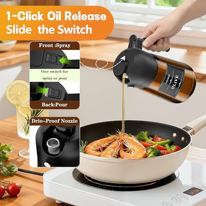 OURCABECUE 2 in 1 Olive Oil Sprayer for Cooking, 16oz/470ml Glass Olive Oil Dispenser Bottle for Kitchen, Light-Blocking Dark Brown Oil Mister with 8 Oil Stickers (Black 2PC) - color: Brown Bottle-Black 2PC