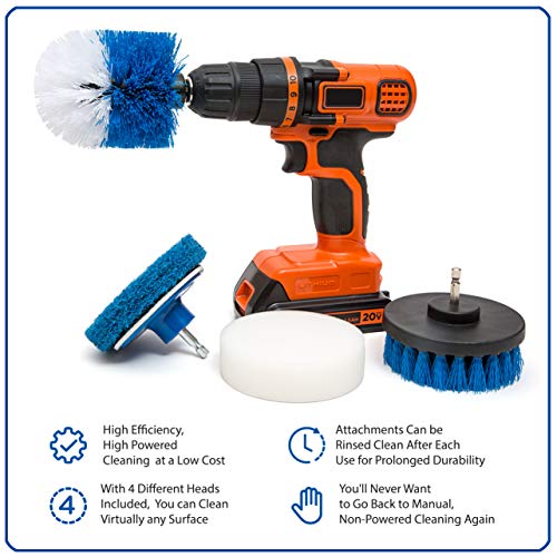 RevoClean 4 Piece Scrub Brush Power Drill Attachments-All Purpose Time Saving Kit-Perfect for Cleaning Grout, Tile, Counter, Shower, Grill, Floor, Kitchen, Blue & White