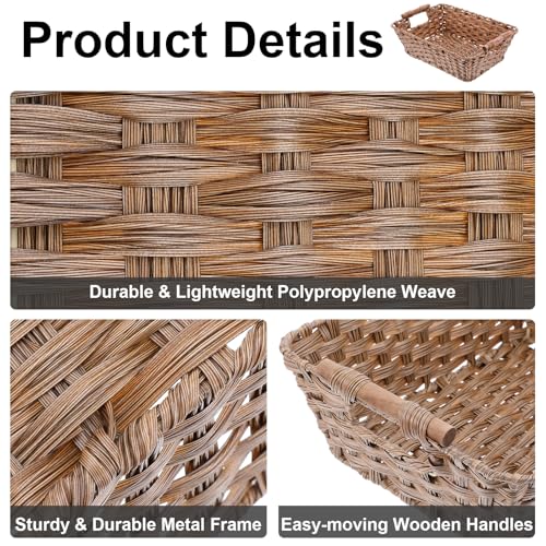 2 Pack Large Waterproof Wicker Storage Basket – 15"x10.6"x5.1" Brown Polypropylene Woven Baskets with Wood Handles & Metal Frame for Pantry, Bathroom, Bedroom, Patio