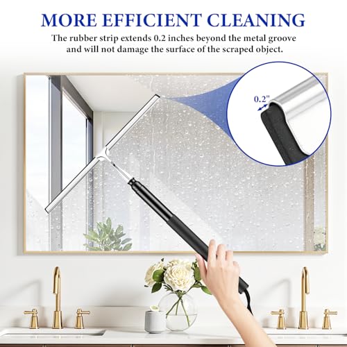 Shower Squeegee for Glass Doors, 2-in-1 Professional Window Cleaner Tool with Extension Pole, 14" Wide Window Washing Equipment for High Outside Glass, Solar Panels, Shower & Car Windshield