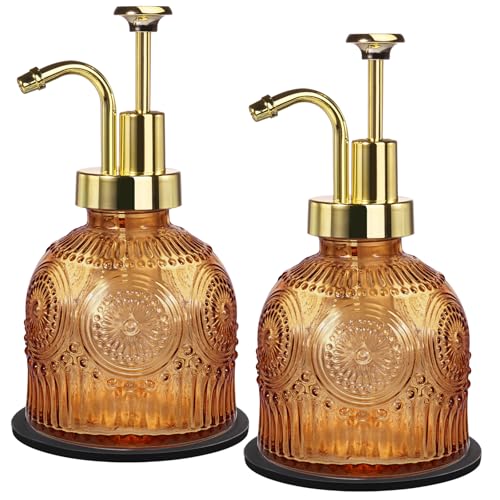 Amolliar 8 Oz Vintage Glass Bathroom Soap Dispensers with Pump, 2 Pack Refillable Kitchen Dish Soap Dispenser with Non-Slip Mat, Antique Rustic Hand Soap Liquid Bottle (Brown-Golden Pump) - color: Brown-golden Pump-2p, size: 2 PACK