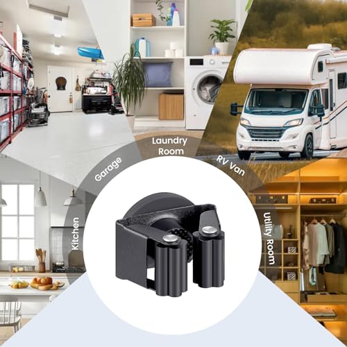 4 Pack Strong Magnetic Broom Holder, No Drill Heavy Duty Mop and Tool Organizer with Anti-Slip Rubber Grippers, Movable Wall Mounted Storage Rack for Kitchen, Garage, Garden, RV and Laundry, Black