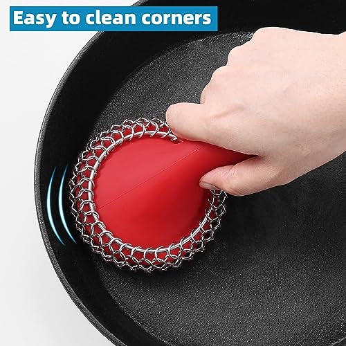 SUBEKYU Cast Iron Scrubber with Silicone Handle, Stainless Steel Cast Iron Skillet Cleaner Chainmail Scrubber for Cast Iron Pans, Red - color: Red