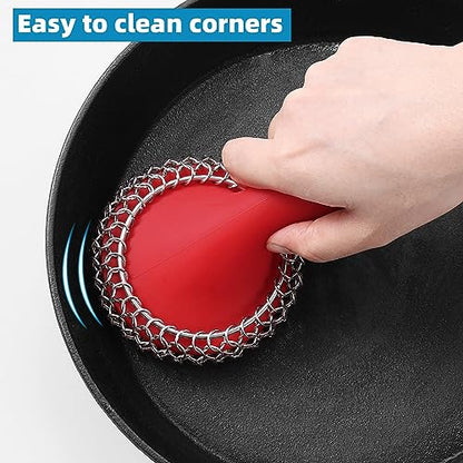 SUBEKYU Cast Iron Scrubber with Silicone Handle, Stainless Steel Cast Iron Skillet Cleaner Chainmail Scrubber for Cast Iron Pans, Red - color: Red