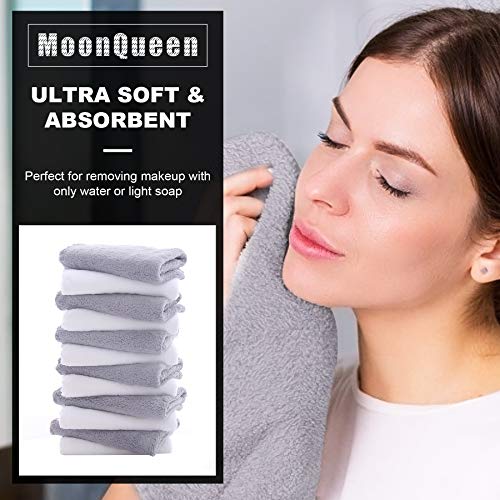 MOONQUEEN Microfiber Facial Cloths Fast Drying Washcloth 24 Pack - Premium Soft Makeup Remover Cloths - Highly Absorbent - color: White-grey, size: 12x12 Inch (Pack of 24)