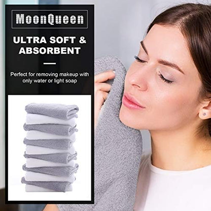 MOONQUEEN Microfiber Facial Cloths Fast Drying Washcloth 24 Pack - Premium Soft Makeup Remover Cloths - Highly Absorbent - color: White-grey, size: 12x12 Inch (Pack of 24)