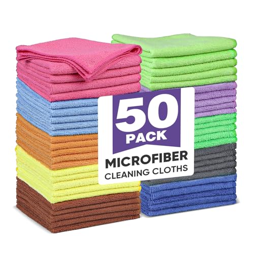 TEAWOO 10 Colors Microfiber Cleaning Cloths, 50 Pack Assorted Cleaning Rags, Highly Absorbent Microfiber Towels for Car, Kitchen, Bathroom and Household Cleaning, 11.8"X11.8" - color: 10 Colors, size: 50P