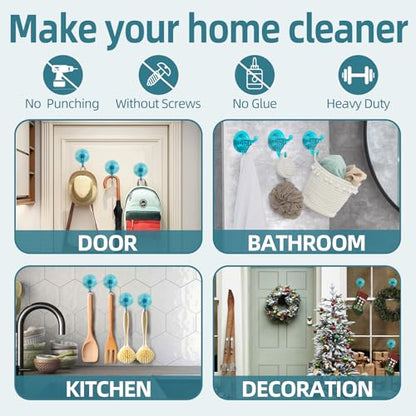 Antimbee 3 Pack Suction Cup Hooks, Clear Shower Suction Hanger, Removable Reusable Bathroom Suction Hooks for Window, Tile Wall, Glass Door-Up to 11 lbs on Smooth Surface (Transparent Cyan) - color: Transparent Cyan Blue
