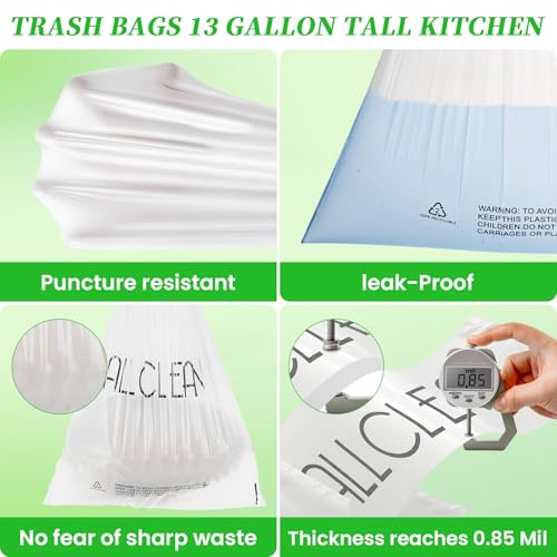 Trash Bags 13 Gallon Tall Kitchen Drawstring Garbage Bags,Fit 13 Gal Bins,Heavy Duty Tear&Leak Resistant Unscented Recyclable Trash Can Liners for Home Office Bathroom Garden Garage Outdoor - style: 13 Gallon-White