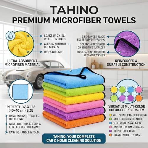 TAHINO Microfiber Cleaning Towels 6 Pack, 16x16 Inch Ultra Absorbent Microfiber Cloths for Car Detailing & Household Cleaning, Soft Lint Free Reusable Cleaning Towels, Multi Color