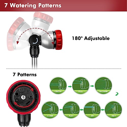 RESTMO Metal Watering Wand, Heavy Duty Garden Hose Wand with 180° Swivel Ratcheting Head, 16'' Hose Nozzle Sprayer with 7 Spray Patterns and Flow Control, for Water Hanging Baskets and Shrubs, Red - color: Red