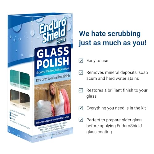 EnduroShield Shower Door Glass Polish – Water Spot Remover & Hard Water Stain Cleaner for Cloudy Shower Doors – Removes Soap Scum, Limescale & More – 7.4 fl oz