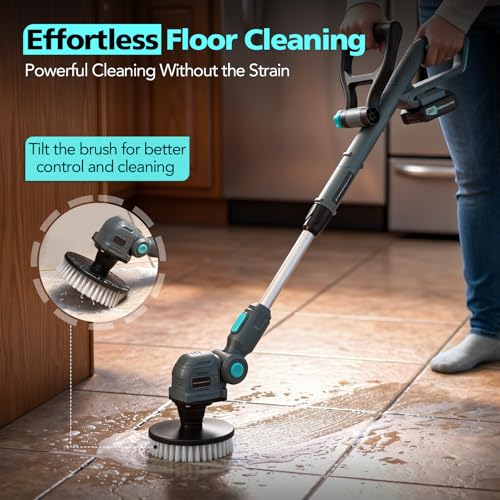 20V Cordless Electric Spin Scrubber with Replaceable Battery & Long Handle - Includes 8 Replaceable Brush Heads for Bathroom, Tile, Grout, Shower, Bathtub, Kitchen, Car & Outdoor Cleaning