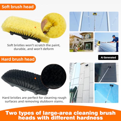 12FT Car Wash Brush with Long Handle, Car Cleaning Brush with 12" Soft Bristle and 12" Hard Bristle, 3-12Ft Telescopic Pole for Scratch-Free Cleaning Truck,RV, Boats,House Siding,Floors,Solar Panels - color: 12ft-orange