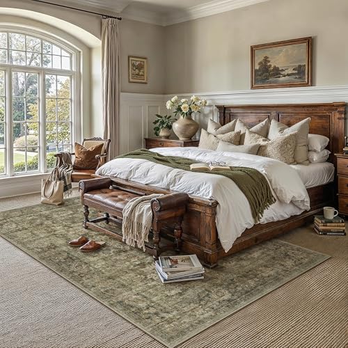 HUGEAR 6x9 Area Rug Mossy Vintage Machine Washable Rug Room Decor Distressed Living Room Carpet Non Slip Low Pile Throw Rugs for Bedroom Dining Room Office Soft Lightweight - color: Mossy, size: 6' x 9' (Rectangular)