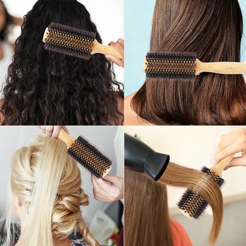 Vista Round Hair Brush with 10mm Boar Bristle 15mm Nylon Bristle Hairbrushes for Women Bamboo Hair Brush Styling with Tail Comb for Blow Drying, Shiny, Smooth, Long, Curly Hair - color: Large Bamboo